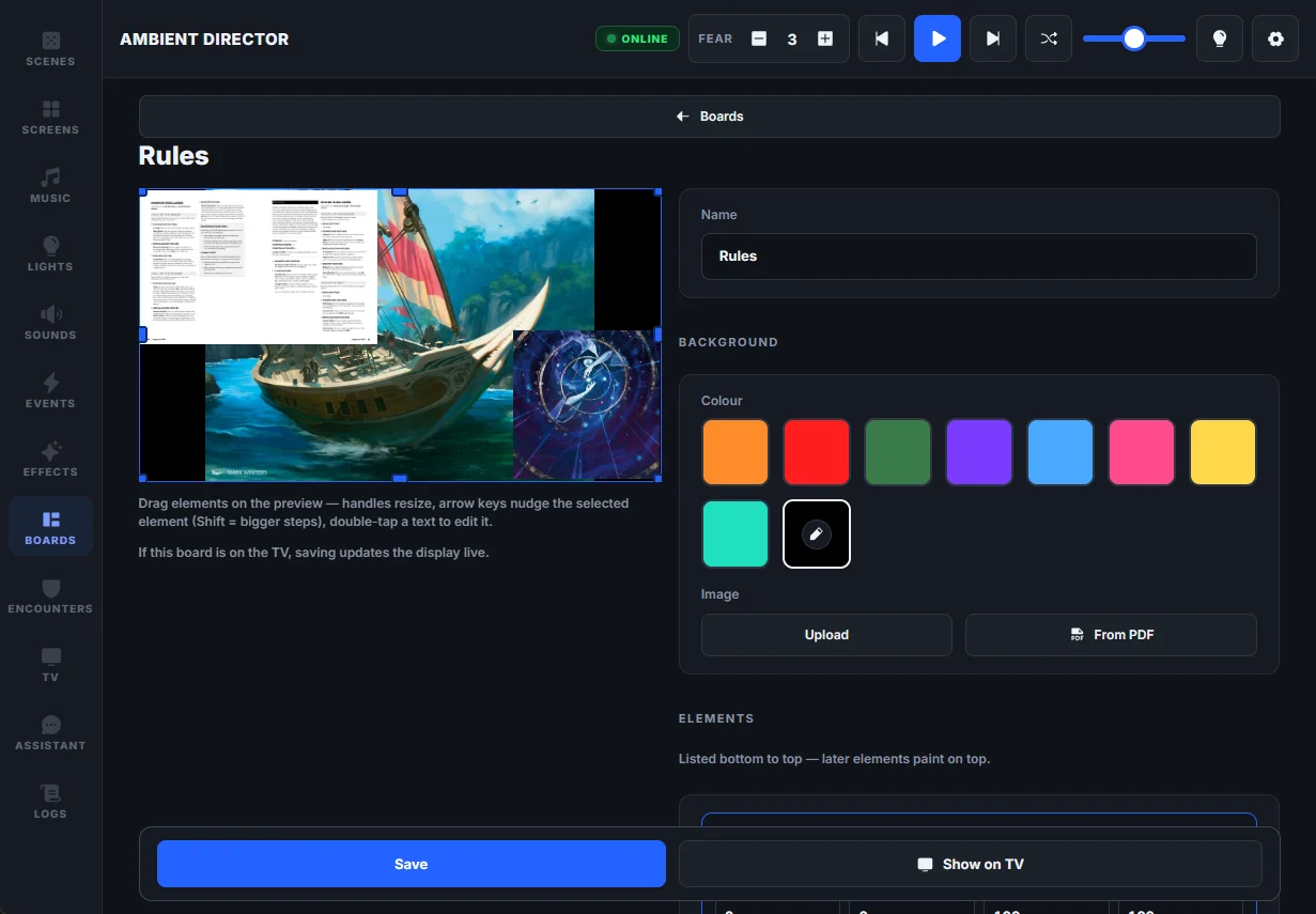 The board editor — a live 16:9 preview with draggable elements, background colors and image upload