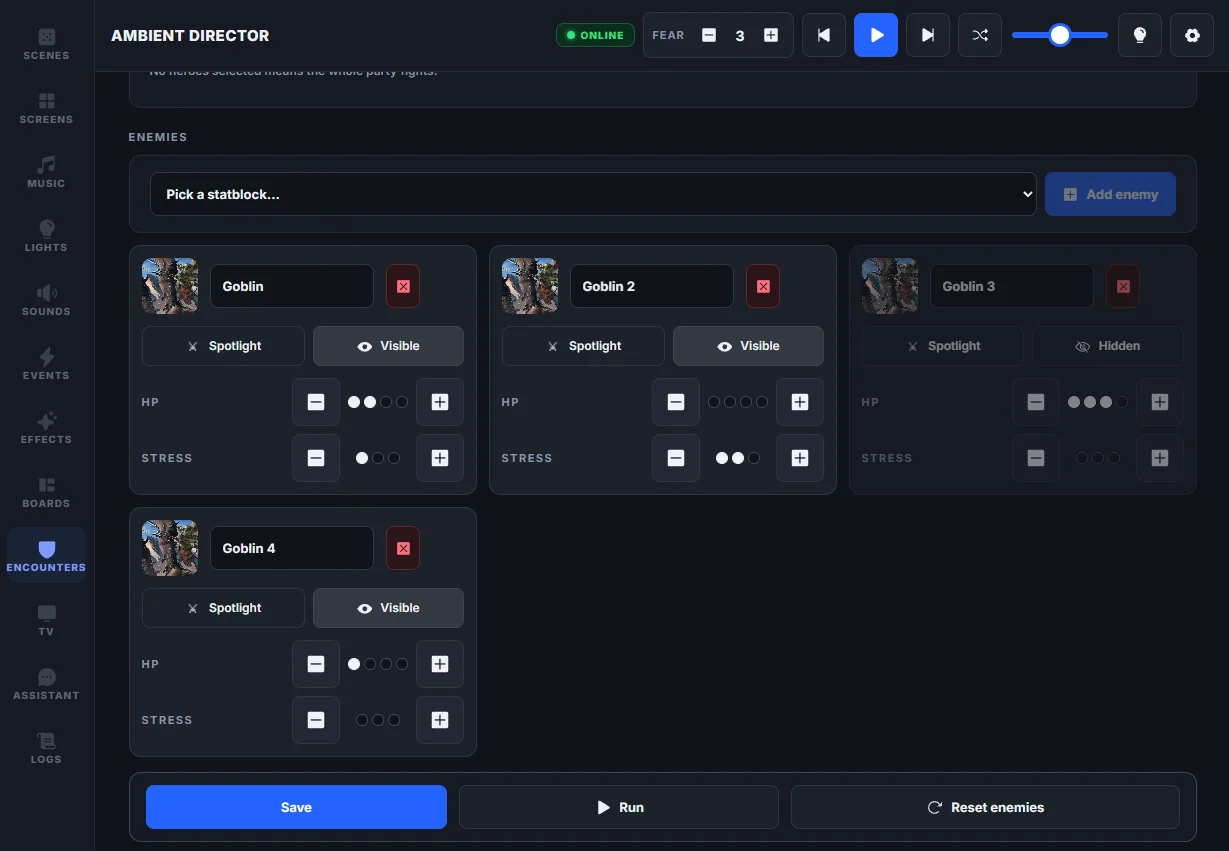 The Encounters tab — a prepped fight, ready to run to the TV