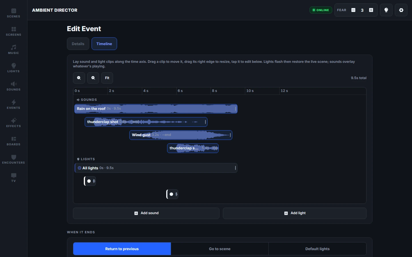 The event timeline editor — a Thunderstorm event with rain, wind and thunderclap sound clips shown as waveforms, and lightning flash light clips on parallel tracks