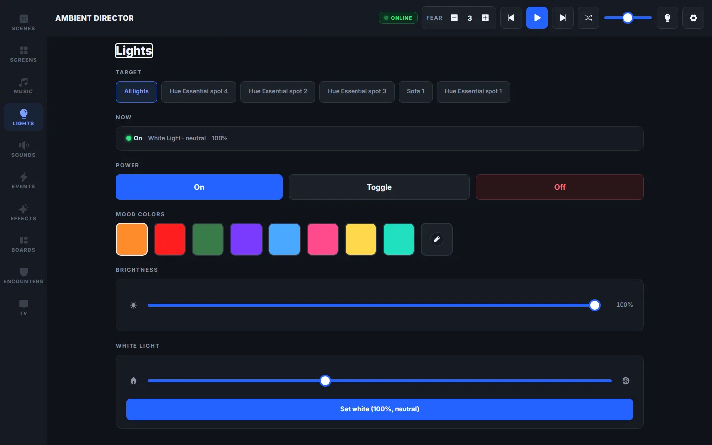 The Lights tab — per-bulb targets, mood colors, brightness and white-light controls