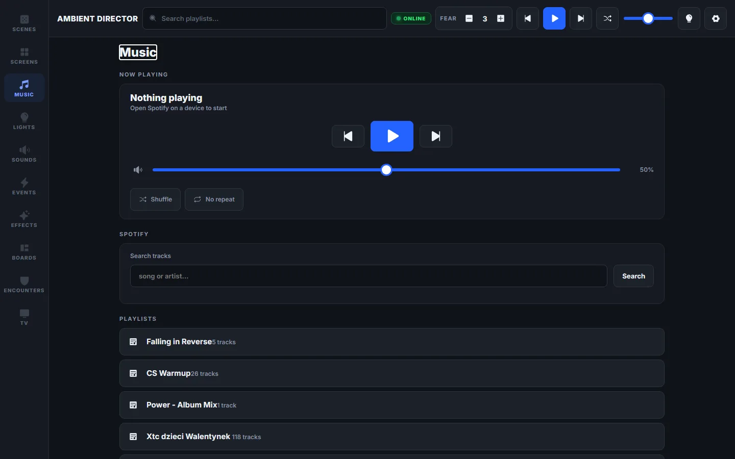 The Music tab — now-playing transport, Spotify search and playlists
