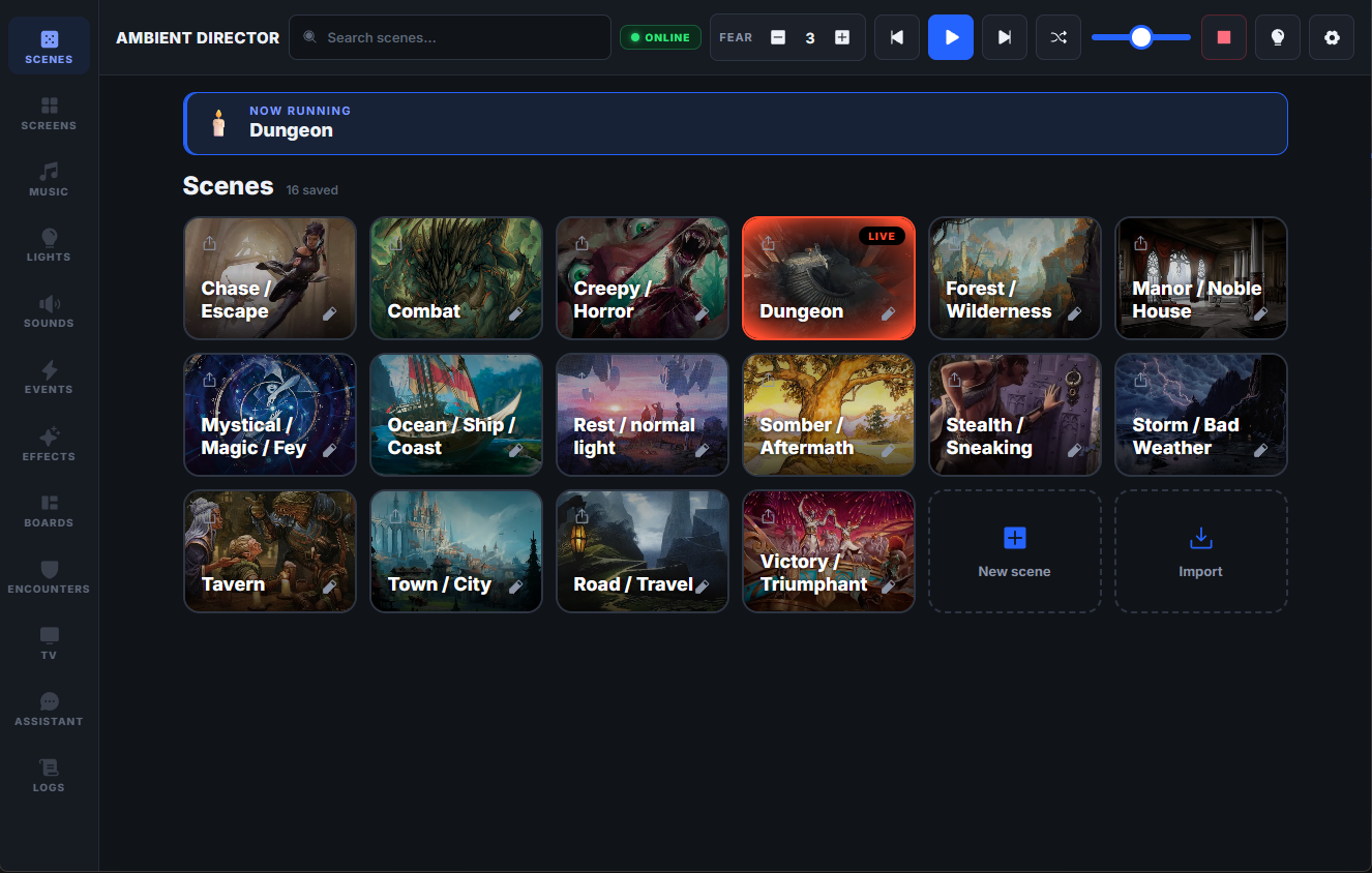 The Scenes tab — colored one-tap scene tiles: Combat, Dungeon, Session end, Mystery, Rest, Tavern