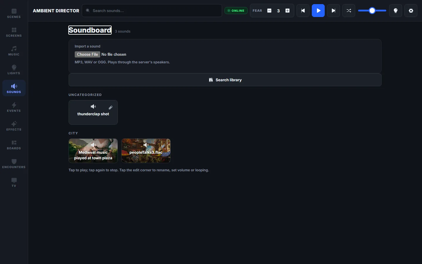 The Soundboard tab — import, Freesound library search and one-tap sound tiles