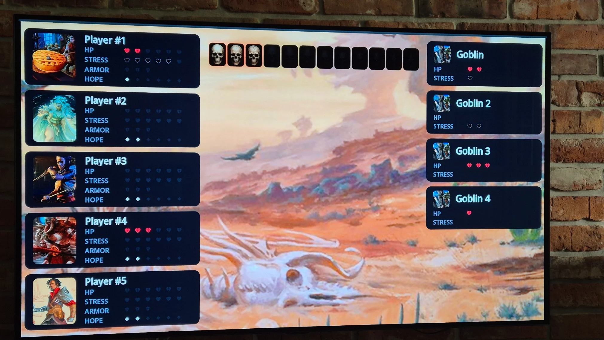 Ambient Director's player-facing board running on the table's wall-mounted TV: five party members with HP, Stress, Armor and Hope pip tracks down the left, a Fear skull track across the top, and four Goblins down the right, over desert encounter art